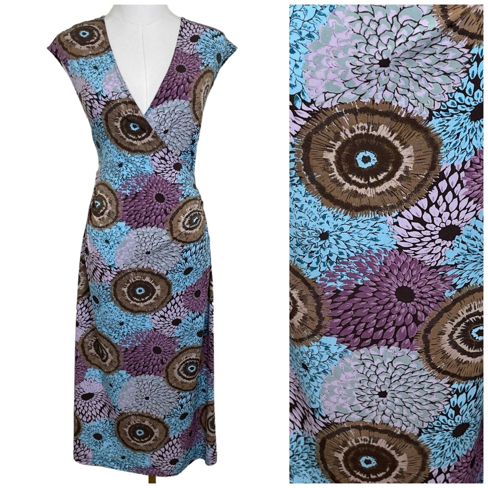 Vintage Max & Cleo Floral Faux Wrap Dress Womens M Blue Purple Midi Y2K Boho